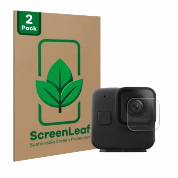Front side of a product packaging with the brand logo ScreenLeaf. Next to it is the device GoPro Hero 11 mini Lens (housing) s