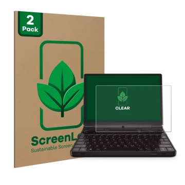 Front side of a product packaging with the brand logo ScreenLeaf. Next to it is the device GPD Win Max 2 shown with the corres