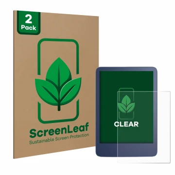 Front side of a product packaging with the brand logo ScreenLeaf. Next to it is the device Amazon Kindle Reader 2022 shown wit