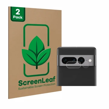 Front side of a product packaging with the brand logo ScreenLeaf. Next to it is the device Google Pixel 7 Pro (ONLY Camera Len
