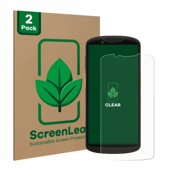 Front side of a product packaging with the brand logo ScreenLeaf. Next to it is the device Zebra TC58 shown with the correspon