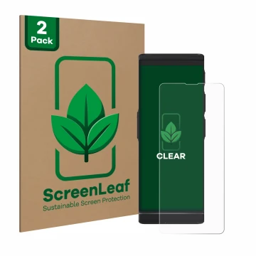Front side of a product packaging with the brand logo ScreenLeaf. Next to it is the device Vasco Translator V4 shown with the 