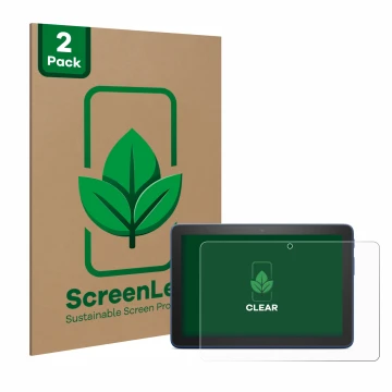 Front side of a product packaging with the brand logo ScreenLeaf. Next to it is the device Amazon Fire HD 8 2022 shown with th