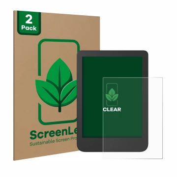 Front side of a product packaging with the brand logo ScreenLeaf. Next to it is the device Tolino Shine 4 shown with the corre