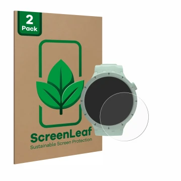Front side of a product packaging with the brand logo ScreenLeaf. Next to it is the device Swatch Big Bold Bioceramic shown wi