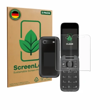 Front side of a product packaging with the brand logo ScreenLeaf. Next to it is the device Nokia 2660 Flip (Front+Back) shown 