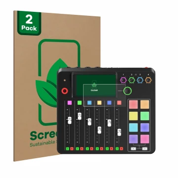 Front side of a product packaging with the brand logo ScreenLeaf. Next to it is the device Rode Rodecaster Pro II shown with t