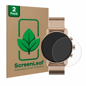 Front side of a product packaging with the brand logo ScreenLeaf. Next to it is the device Skagen Falster Gen 6 (41 mm) shown 