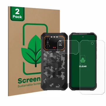 Front side of a product packaging with the brand logo ScreenLeaf. Next to it is the device iiiF150 B1 Pro (Front+Camera) shown