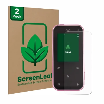 Front side of a product packaging with the brand logo ScreenLeaf. Next to it is the device Vtech Kidizoom Snap Touch shown wit