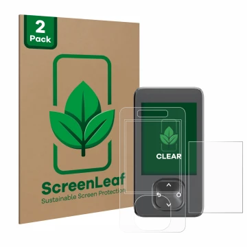 Front side of a product packaging with the brand logo ScreenLeaf. Next to it is the device Dexcom G7 CGM shown with the corres