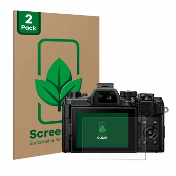Front side of a product packaging with the brand logo ScreenLeaf. Next to it is the device Olympus OM System OM-5 shown with t