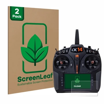 Front side of a product packaging with the brand logo ScreenLeaf. Next to it is the device Spektrum iX14 shown with the corres