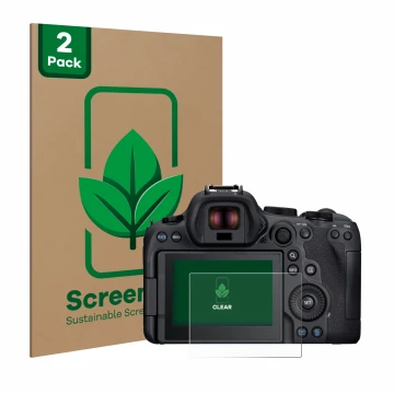 Front side of a product packaging with the brand logo ScreenLeaf. Next to it is the device Canon EOS R6 Mark II shown with the