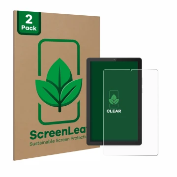 Front side of a product packaging with the brand logo ScreenLeaf. Next to it is the device Lenovo Tab M9 shown with the corres