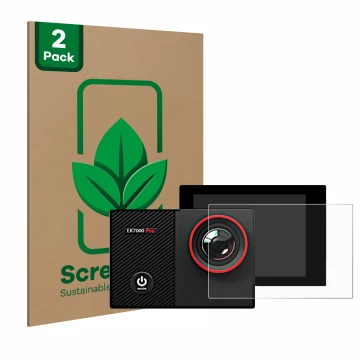 Front side of a product packaging with the brand logo ScreenLeaf. Next to it is the device Akaso EK7000 Pro shown with the cor