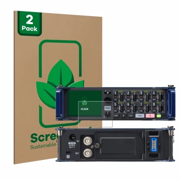 Front side of a product packaging with the brand logo ScreenLeaf. Next to it is the device Zoom F8 field recorder shown with t
