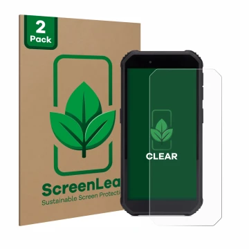 Front side of a product packaging with the brand logo ScreenLeaf. Next to it is the device SkyCaddie SX550 shown with the corr