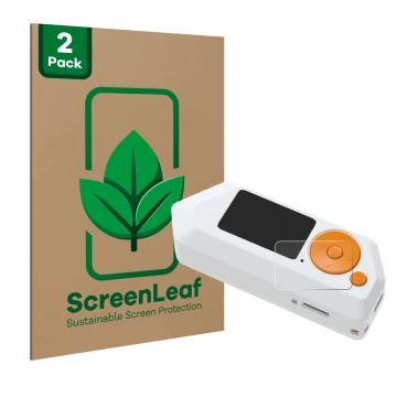Front side of a product packaging with the brand logo ScreenLeaf. Next to it is the device Flipper Zero FZ.1 shown with the co