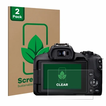 Front side of a product packaging with the brand logo ScreenLeaf. Next to it is the device Canon EOS R50 shown with the corres