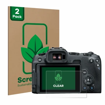 Front side of a product packaging with the brand logo ScreenLeaf. Next to it is the device Canon EOS R8 shown with the corresp