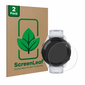 Front side of a product packaging with the brand logo ScreenLeaf. Next to it is the device Garmin Forerunner 265 (46 mm) shown