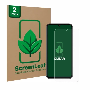 Front side of a product packaging with the brand logo ScreenLeaf. Next to it is the device Samsung Galaxy A34 5G shown with th