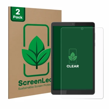 Front side of a product packaging with the brand logo ScreenLeaf. Next to it is the device Lenovo Tab M8 (4th Gen.) shown with