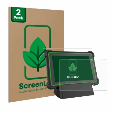 Front side of a product packaging with the brand logo ScreenLeaf. Next to it is the device Hella Gutmann Mega Macs X (tablet) 