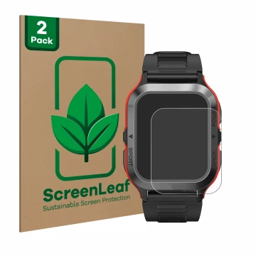 Front side of a product packaging with the brand logo ScreenLeaf. Next to it is the device Kospet Tank M2 shown with the corre