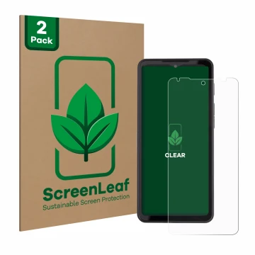 Front side of a product packaging with the brand logo ScreenLeaf. Next to it is the device Caterpillar Cat S75 shown with the 