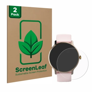 Front side of a product packaging with the brand logo ScreenLeaf. Next to it is the device Hama Fit Watch 4910 shown with the 