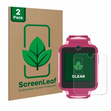 Front side of a product packaging with the brand logo ScreenLeaf. Next to it is the device TCL Movetime Family Watch MT42X sho
