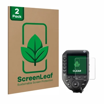Front side of a product packaging with the brand logo ScreenLeaf. Next to it is the device Godox XPro II shown with the corres