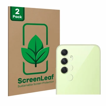 Front side of a product packaging with the brand logo ScreenLeaf. Next to it is the device Samsung Galaxy A54 5G (ONLY Camera 