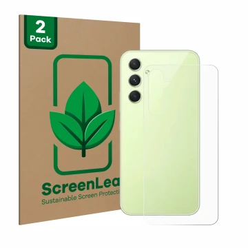Front side of a product packaging with the brand logo ScreenLeaf. Next to it is the device Samsung Galaxy A54 5G (Back) shown 