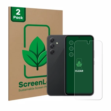Front side of a product packaging with the brand logo ScreenLeaf. Next to it is the device Samsung Galaxy A54 5G (Front+Camera