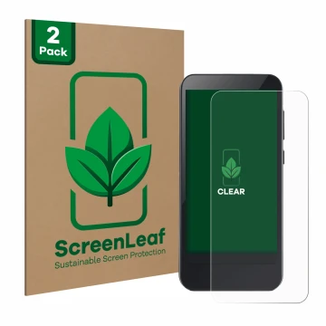 Front side of a product packaging with the brand logo ScreenLeaf. Next to it is the device Omnipod 5 shown with the correspond