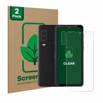 Front side of a product packaging with the brand logo ScreenLeaf. Next to it is the device Caterpillar Cat S75 (Front+Camera) 