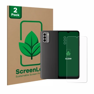 Front side of a product packaging with the brand logo ScreenLeaf. Next to it is the device Nokia G22 (Front+Camera) shown with