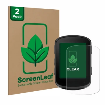 Front side of a product packaging with the brand logo ScreenLeaf. Next to it is the device Garmin Edge 540 shown with the corr