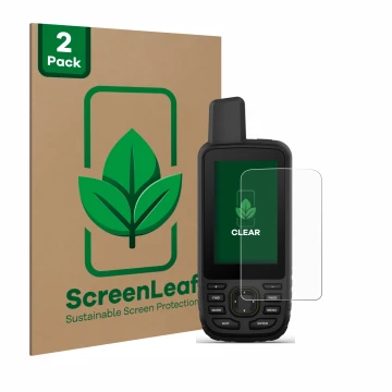 Front side of a product packaging with the brand logo ScreenLeaf. Next to it is the device Garmin GPSMAP 67 shown with the cor