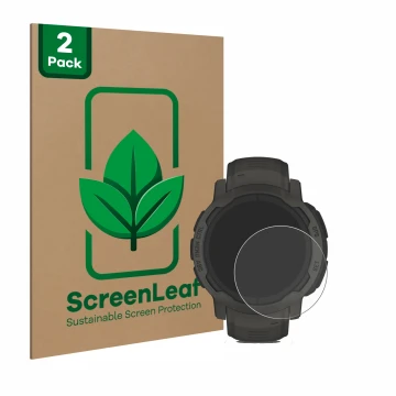 Front side of a product packaging with the brand logo ScreenLeaf. Next to it is the device Garmin Instinct 2 Solar shown with 