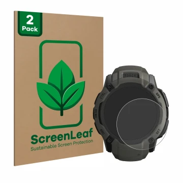 Front side of a product packaging with the brand logo ScreenLeaf. Next to it is the device Garmin Instinct 2X Solar shown with