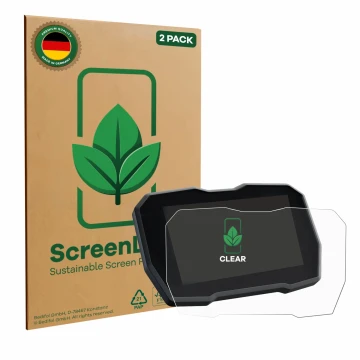 Front side of a product packaging with the brand logo ScreenLeaf. Next to it is the device Ducati Multistrada V4 2021+ shown w