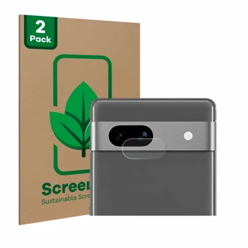 Front side of a product packaging with the brand logo ScreenLeaf. Next to it is the device Google Pixel 7a (ONLY Camera Lens) 