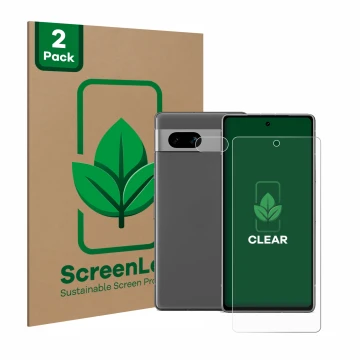 Front side of a product packaging with the brand logo ScreenLeaf. Next to it is the device Google Pixel 7a (Front+Camera) show