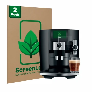 Front side of a product packaging with the brand logo ScreenLeaf. Next to it is the device Jura J8 shown with the correspondin