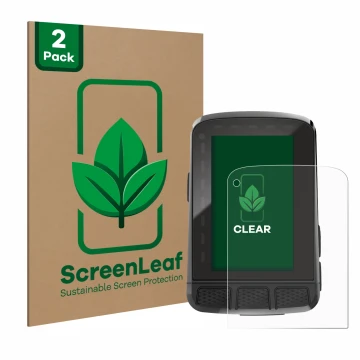 Front side of a product packaging with the brand logo ScreenLeaf. Next to it is the device Wahoo Elemnt Roam 2 shown with the 