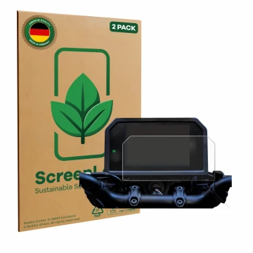 Front side of a product packaging with the brand logo ScreenLeaf. Next to it is the device Yamaha Tracer 9 GT+ 2023 shown with